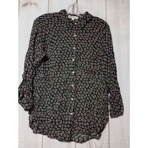 Grand and Greene Shirt Ladies Medium Black Red‎ Floral Button Front Semi Sheer